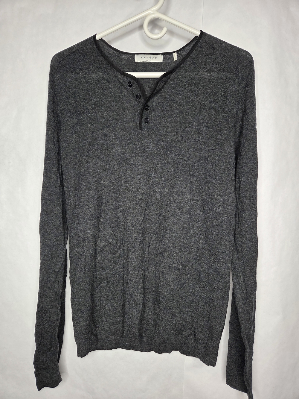 Sandro Charcoal Gray V-Neck Henley Sweater